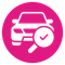 An icon of a car with a magnifying glass and a check mark.